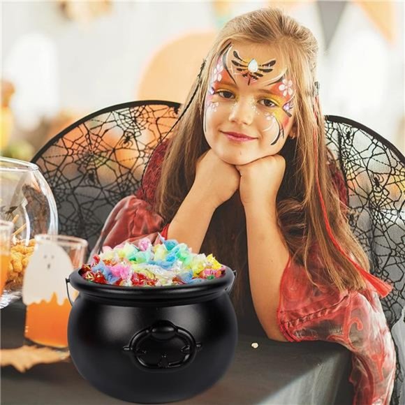 Halloween Large Cauldron, 7.4" Black Plastic Witch Pot with Handle, Vintage - Picture 3 of 7
